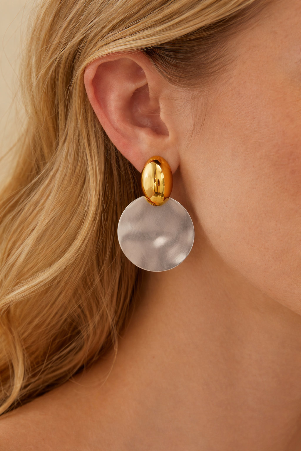 ZARD Gold Oval Brushed Silver Disc Drop Earrings