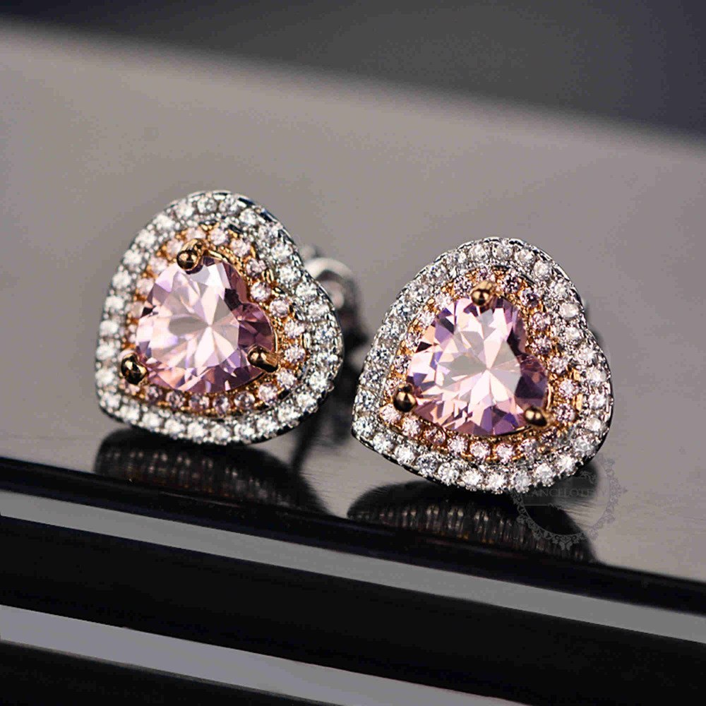 Heart Stud Earrings in Pink Halo Cubic Zirconia