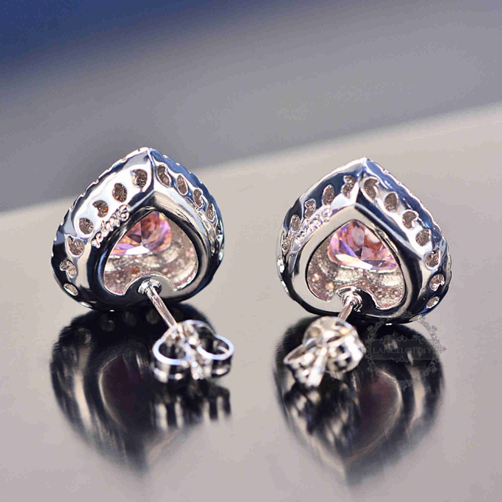 Heart Stud Earrings in Pink Halo Cubic Zirconia