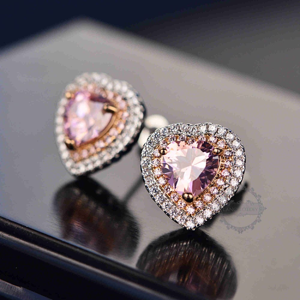 Heart Stud Earrings in Pink Halo Cubic Zirconia
