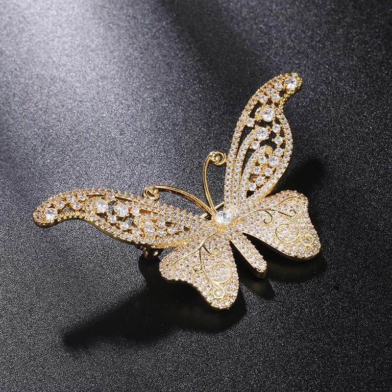 Gold Butterfly Brooch in Cubic Zirconia Accents