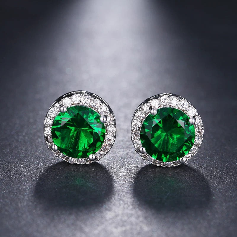 Halo Stud Earrings in Green Round Cut Cubic Zirconia