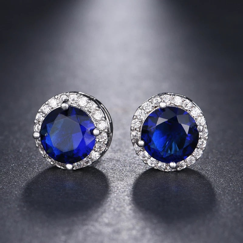 Halo Stud Earrings in Blue Round Cut Cubic Zirconia