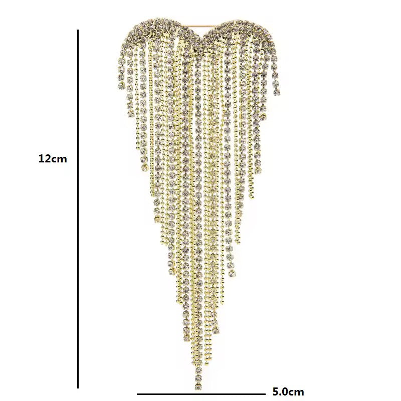 Heart Rhinestone Tassel Brooch Gold