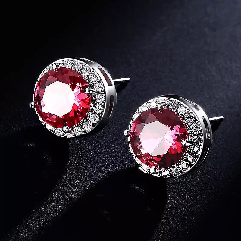 Halo Stud Earrings in Red Round Cut Cubic Zirconia