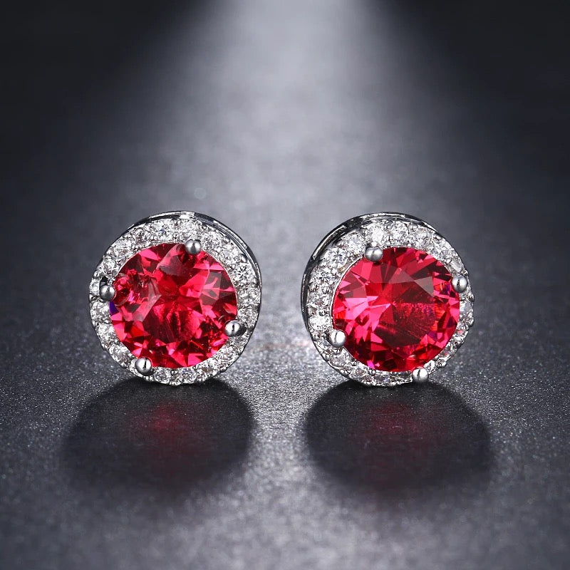 Halo Stud Earrings in Red Round Cut Cubic Zirconia