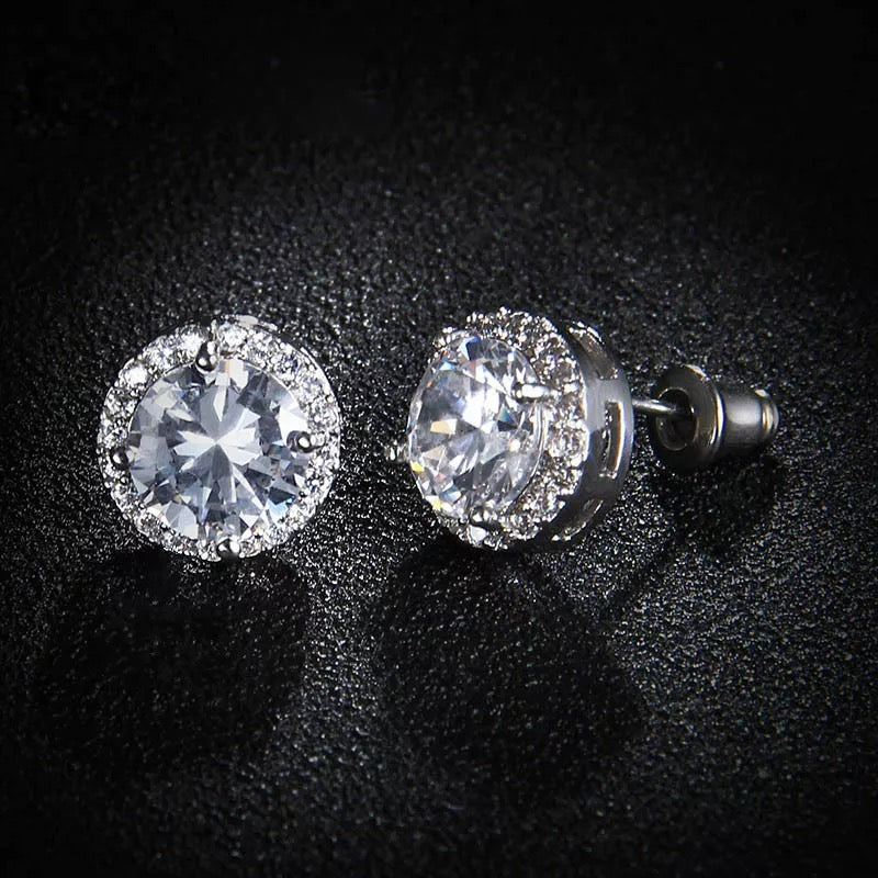 Halo Stud Earrings in Clear Round Cut Cubic Zirconia