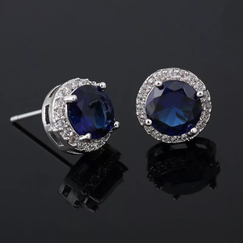 Halo Stud Earrings in Blue Round Cut Cubic Zirconia