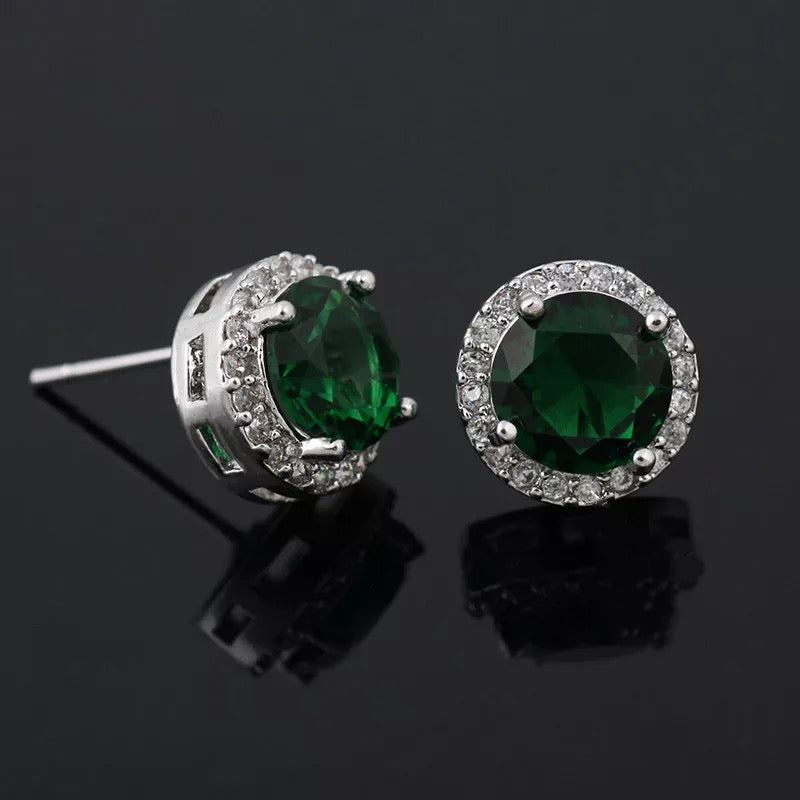 Halo Stud Earrings in Green Round Cut Cubic Zirconia