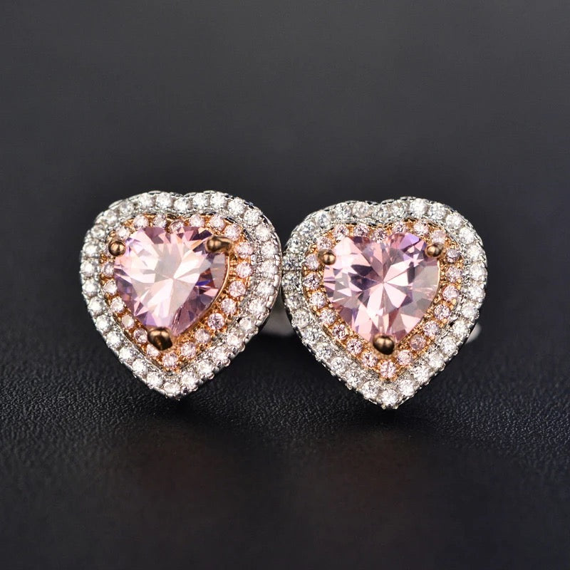 Heart Stud Earrings in Pink Halo Cubic Zirconia