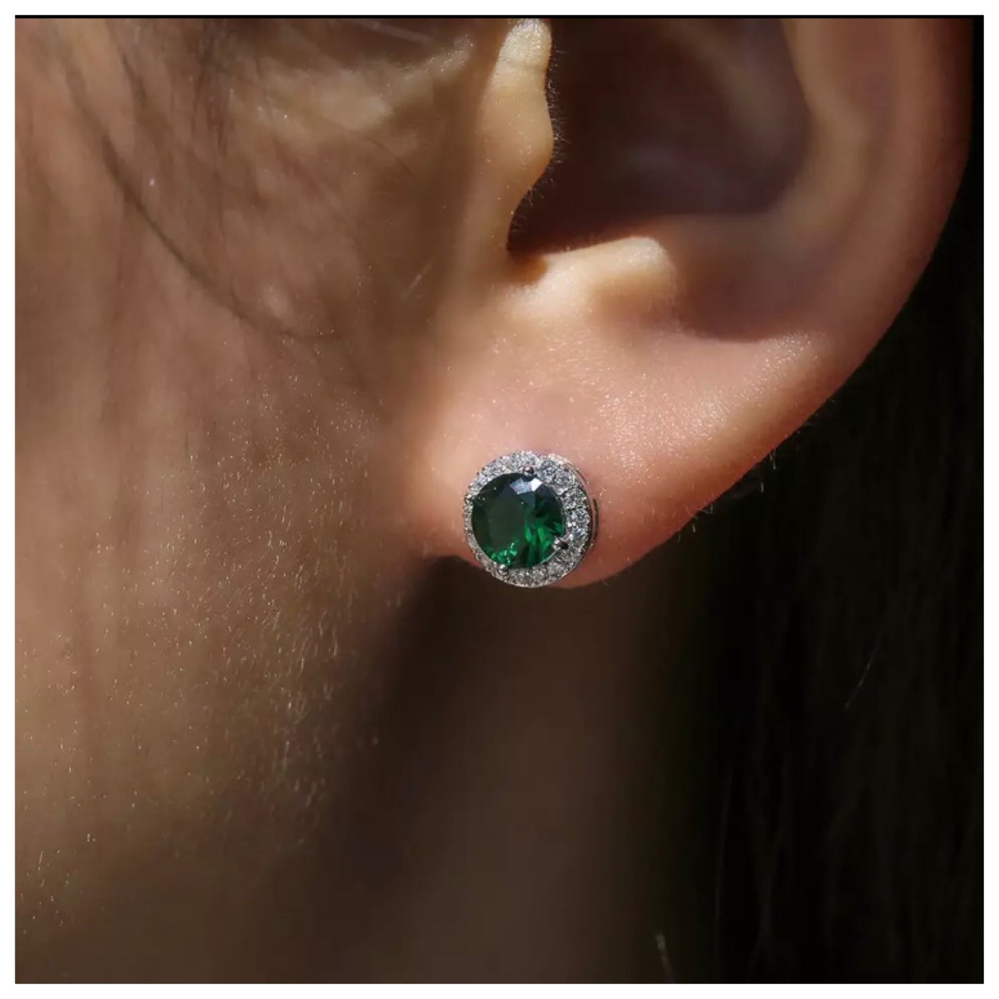 Halo Stud Earrings in Green Round Cut Cubic Zirconia