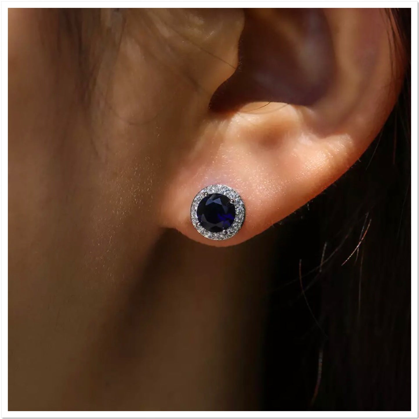 Halo Stud Earrings in Blue Round Cut Cubic Zirconia