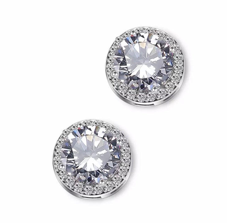 Halo Stud Earrings in Clear Round Cut Cubic Zirconia