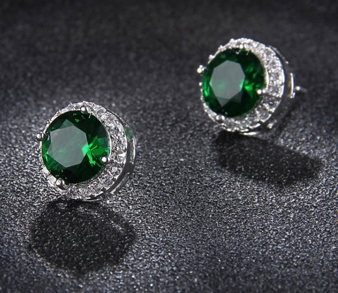 Halo Stud Earrings in Green Round Cut Cubic Zirconia