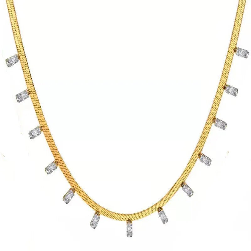 Herringbone Chain Necklace with Baguette-Cut CZ Accents