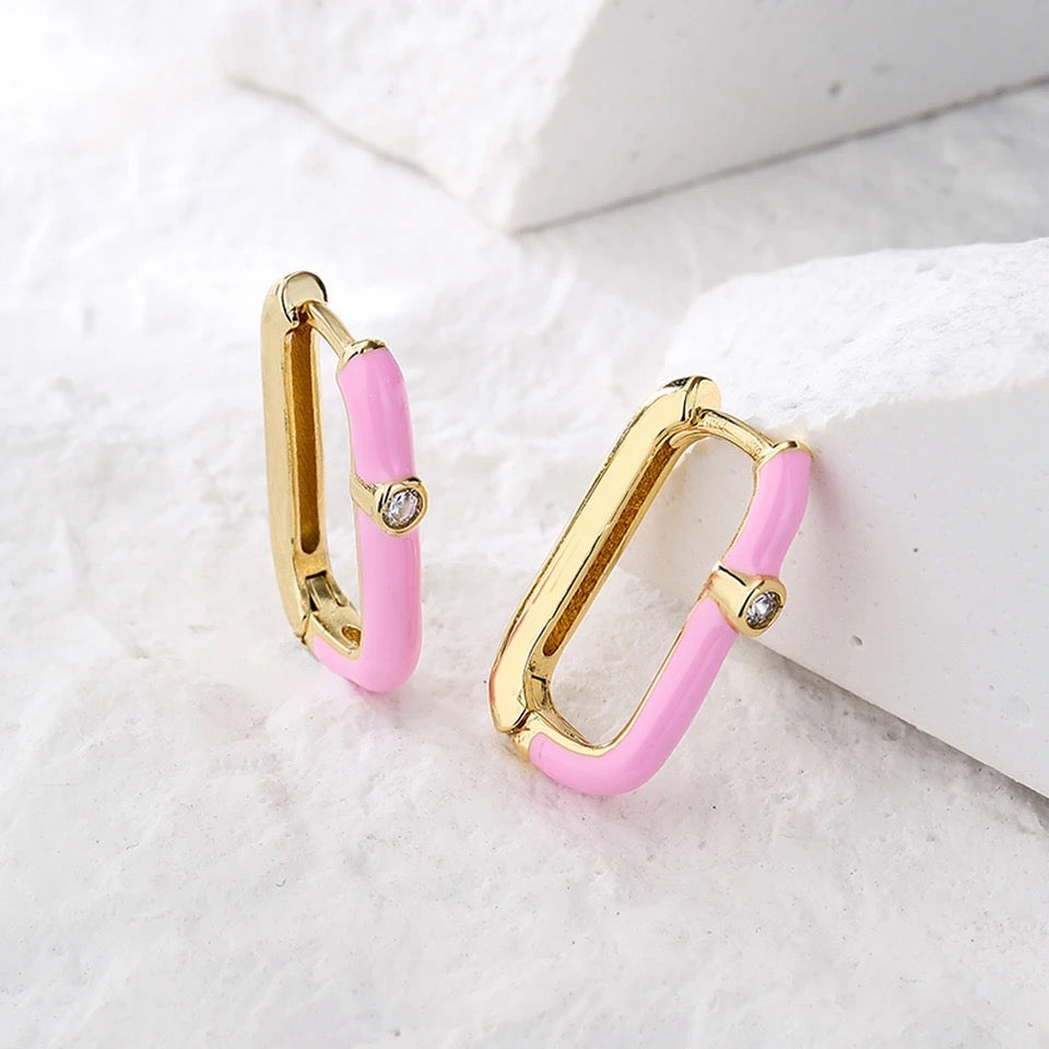 Pink Enamel Oval Huggie Hoop Earrings with CZ Accent