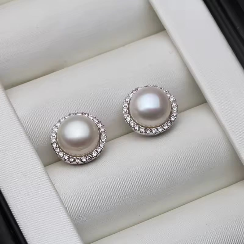 Freshwater Pearl Stud Earrings with Cubic Zirconia Accent