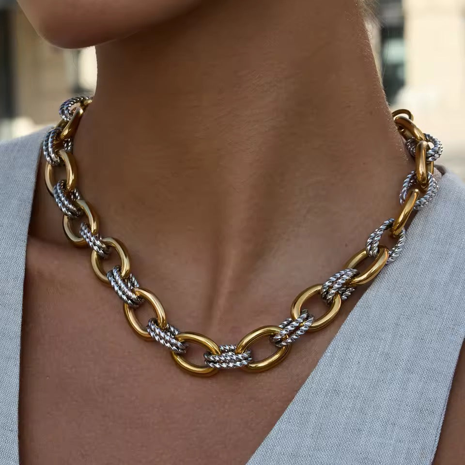 Gold Silver Textured Link Statement Necklace