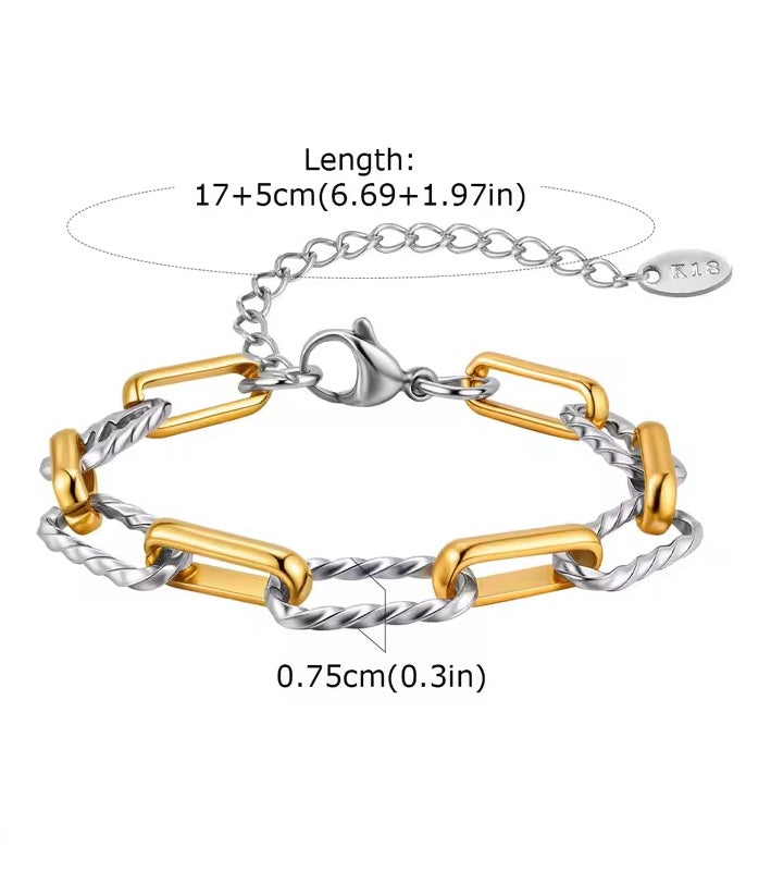 18K Gold and Silver Twist Link Paper Clip Chain Bracelet