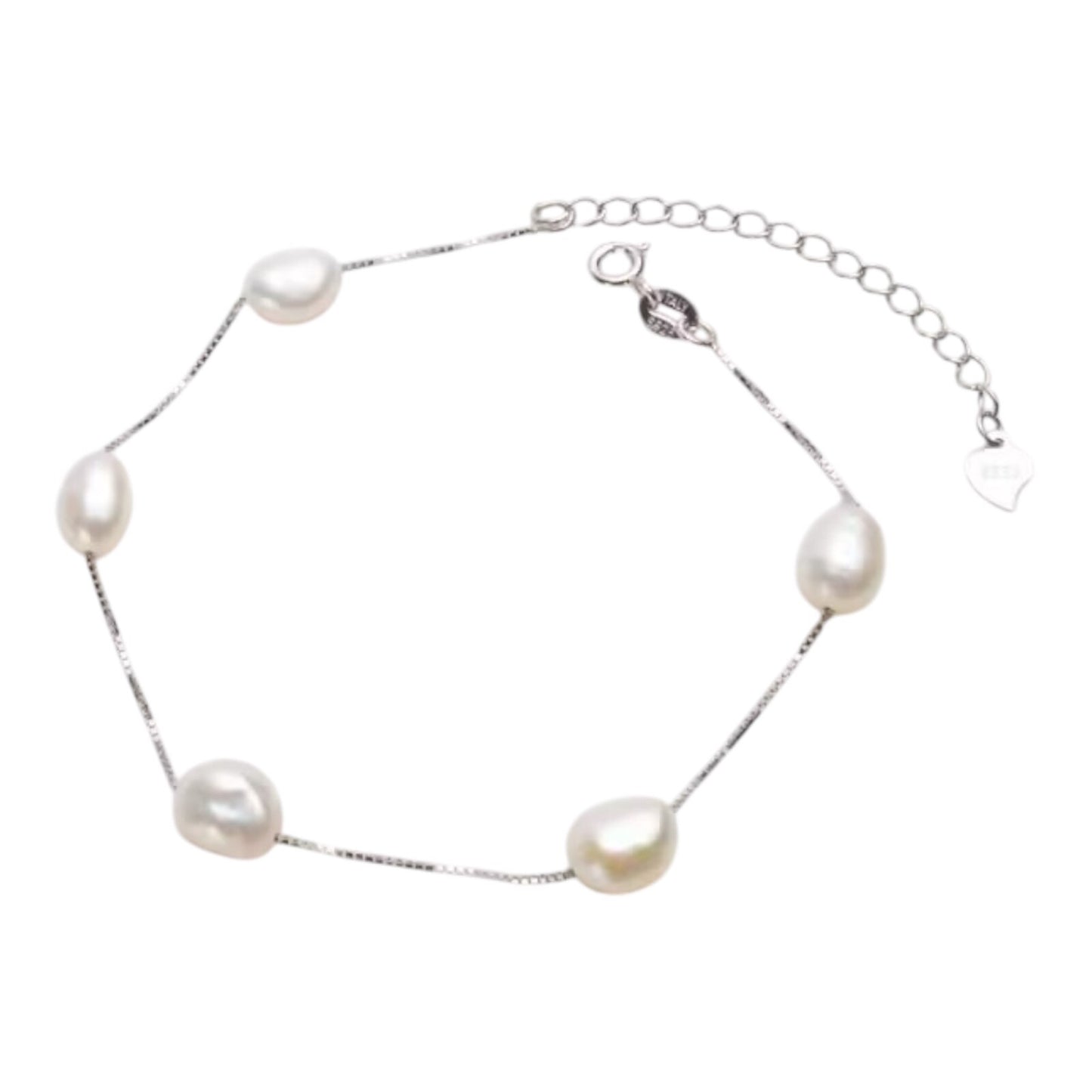 White Freshwater Pearl Station Bracelet in 925 Sterling Silver