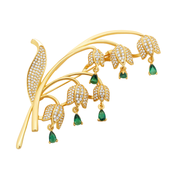 Gold lily of the valley brooch with green stones