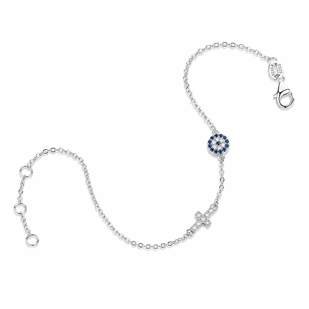Blue CZ Round Evil Eye and Cross Charm Protection Bracelet, alternate angle