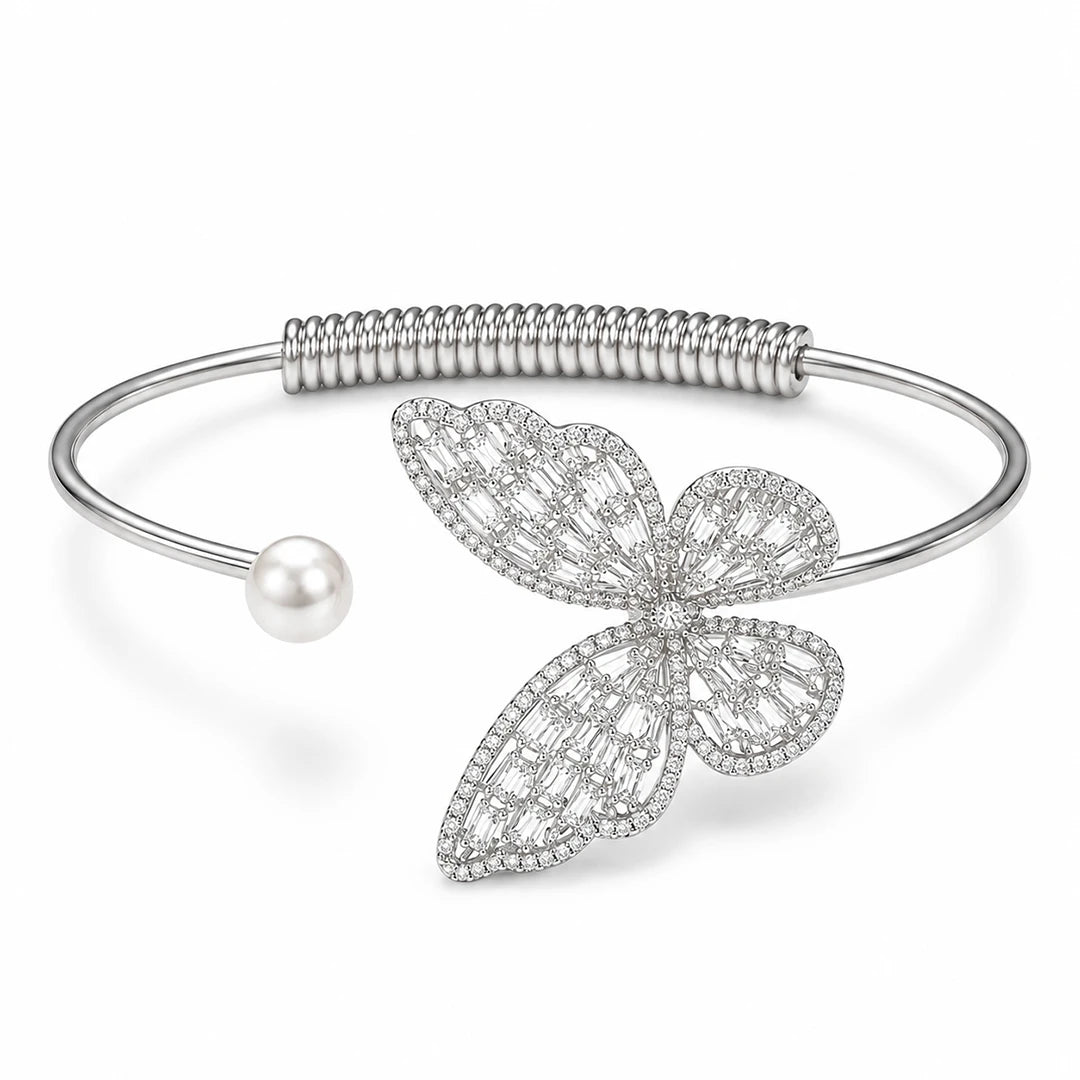 Zard Jewelry Large Butterfly Pearl Open Cuff Bracelet in CZ Accents