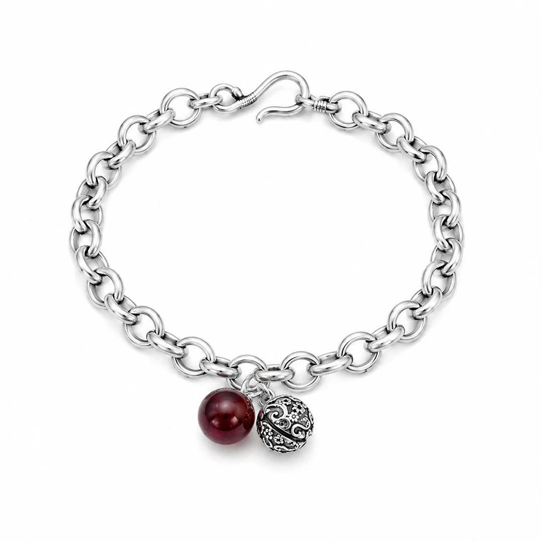 Zard Jewelry Red Agate and Bell Charm Cable Link Bracelet