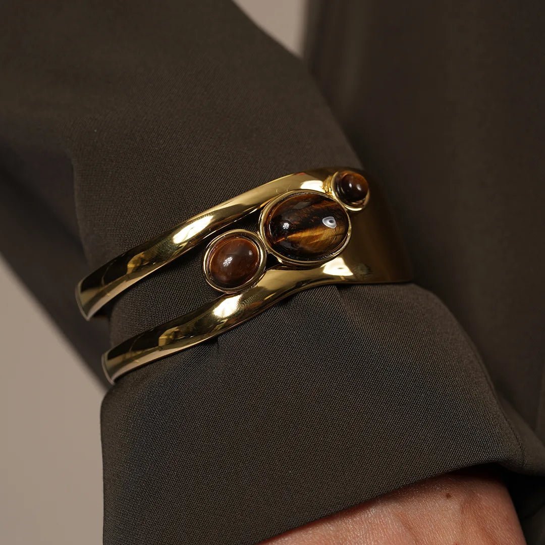 Zard Jewelry Tiger Eye Gemstone Cuff Bracelet in Gold Vermeil worn on a model's wrist