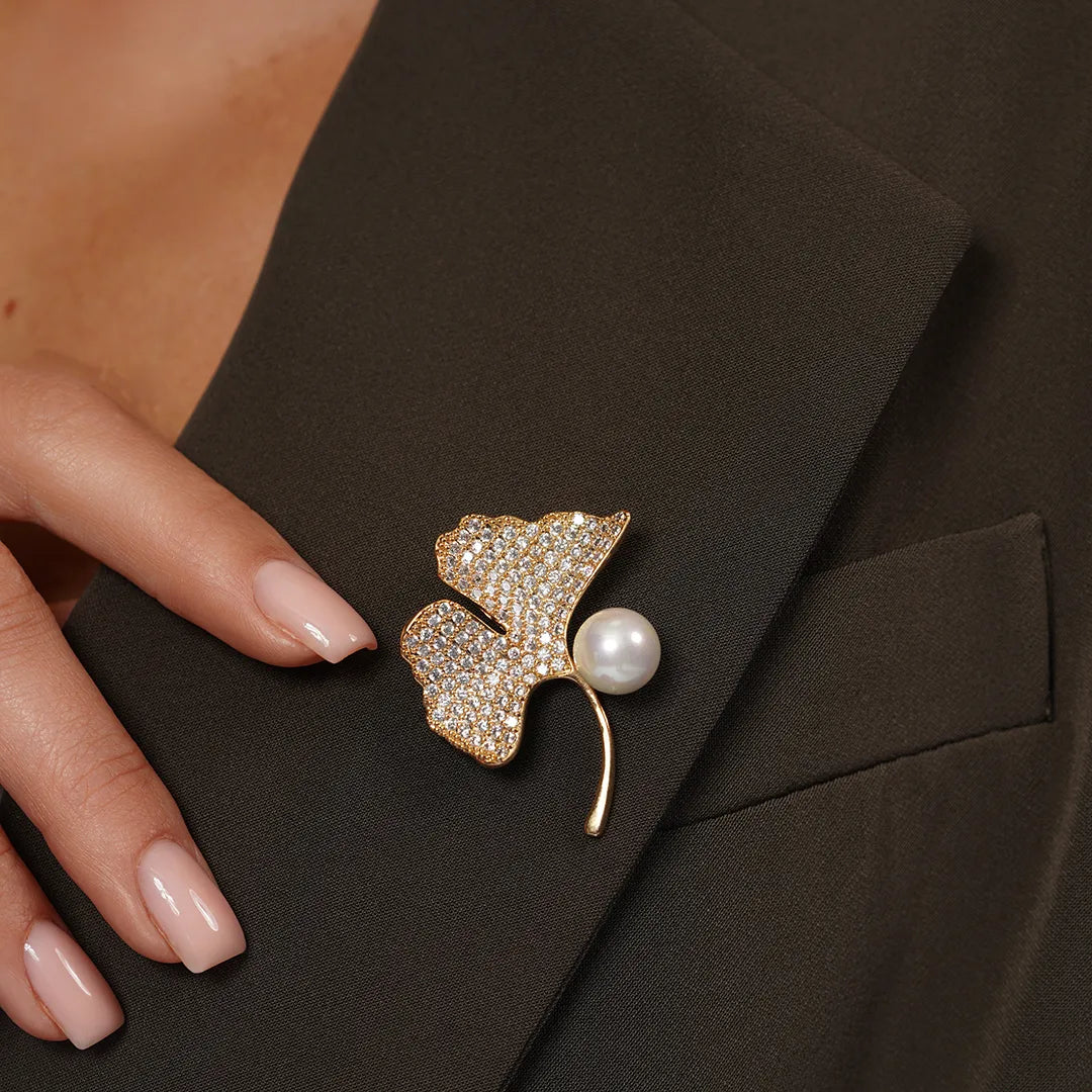 CZ Gold Ginkgo Leaf Pin Brooch pinned to a model's outfit