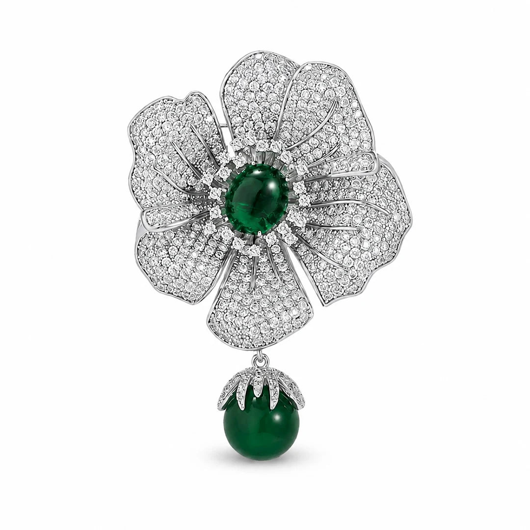 Zard Jewelry Green Aventurine Flower Brooch Pendant with Cubic Zirconia