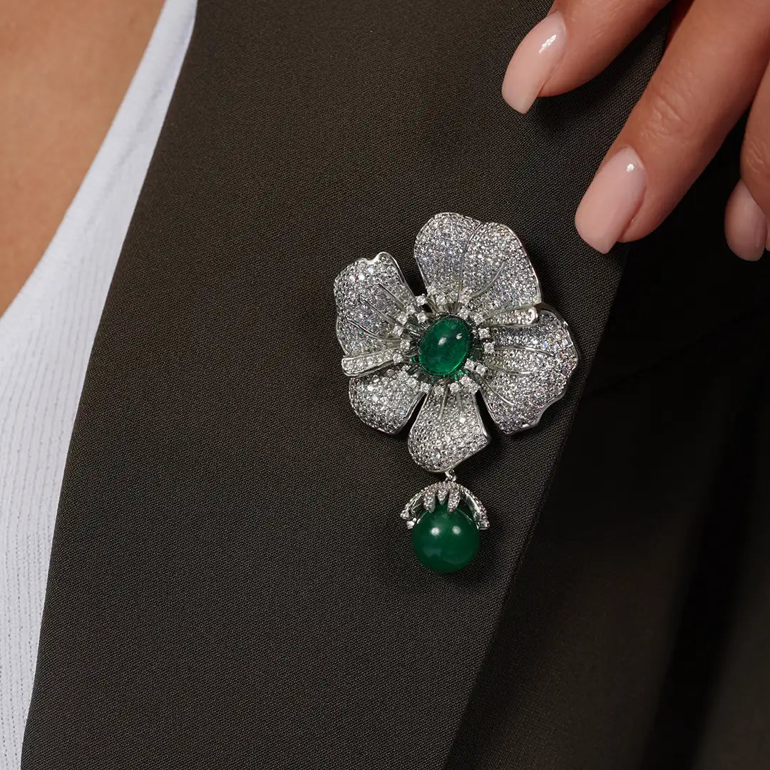 Green Aventurine Flower Brooch Pendant with Cubic Zirconia pinned to a model's outfit