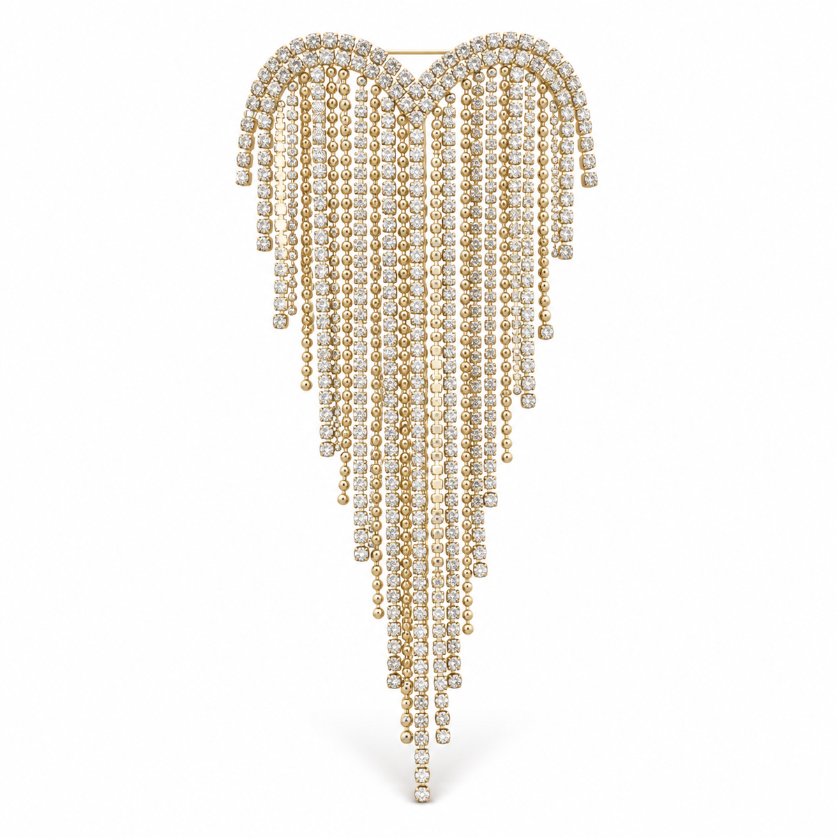 Zard Jewelry Heart Rhinestone Fringe Tassel Statement Brooch, gold