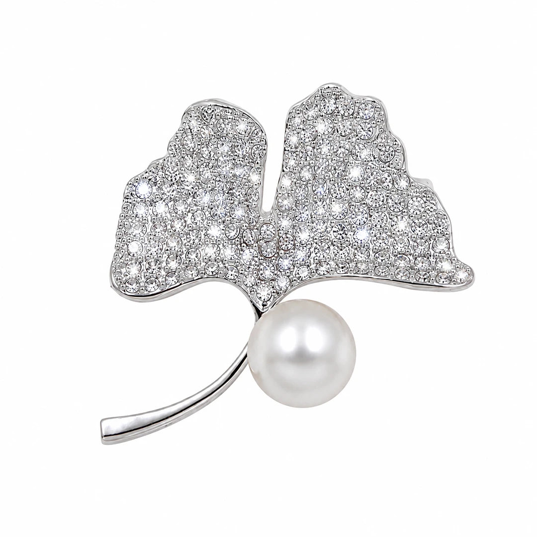 Zard Jewelry Silver Ginkgo Leaf Pin Brooch with CZ and Pearl