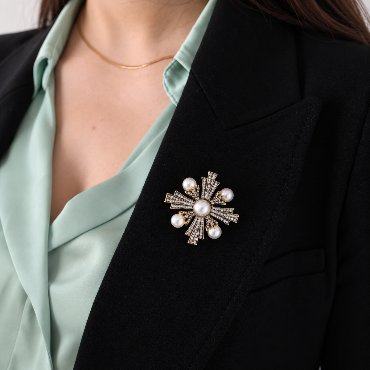 Vintage-Inspired Maltese Cross Brooch Statement Brooch pinned to a model's outfit