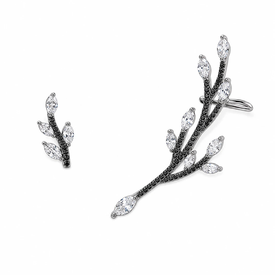 Zard Jewelry Ear Cuff Stud Mismatch Earrings in Leaf Shaped Cubic Zirconia