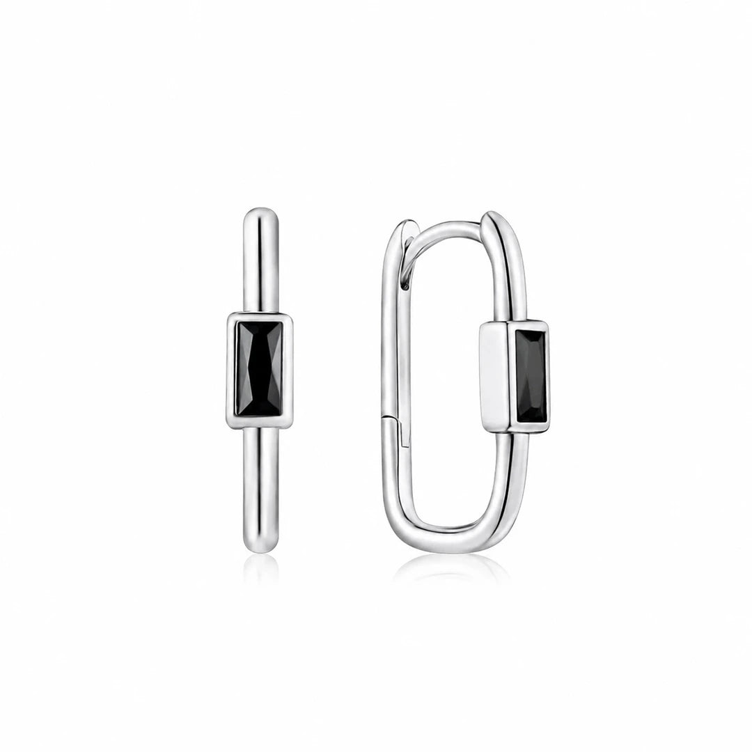 Zard Jewelry Black Onyx Oval Huggie Hoop Earrings in 925 Sterling Silver