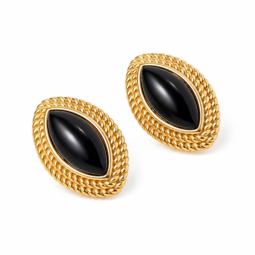 Zard Jewelry Black Onyx Stud Earrings with Twisted Rope Accent