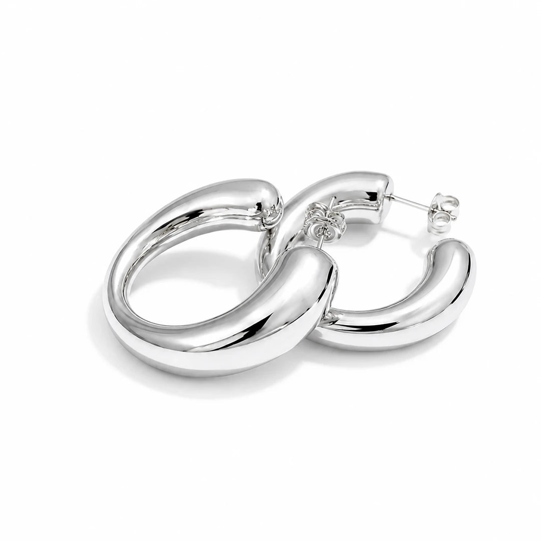 Chunky Irregular Tube Hoop Earrings Sterling Silver, close-up detail view