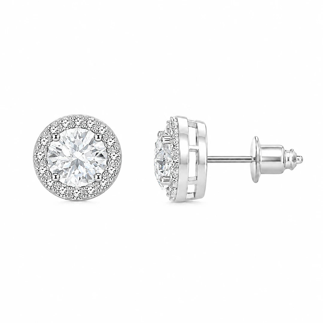 Clear CZ Round-Cut Halo Stud Earrings, close-up detail view