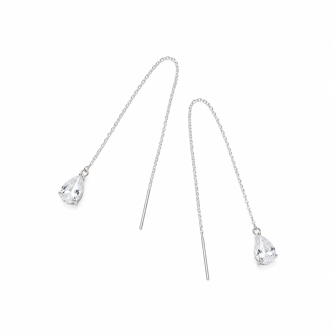 Clear CZ Teardrop Threader Earrings, silver