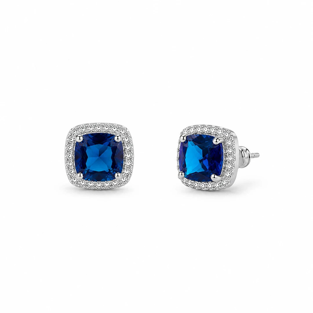 Cushion-Cut Blue CZ Halo Stud Earrings, close-up detail view