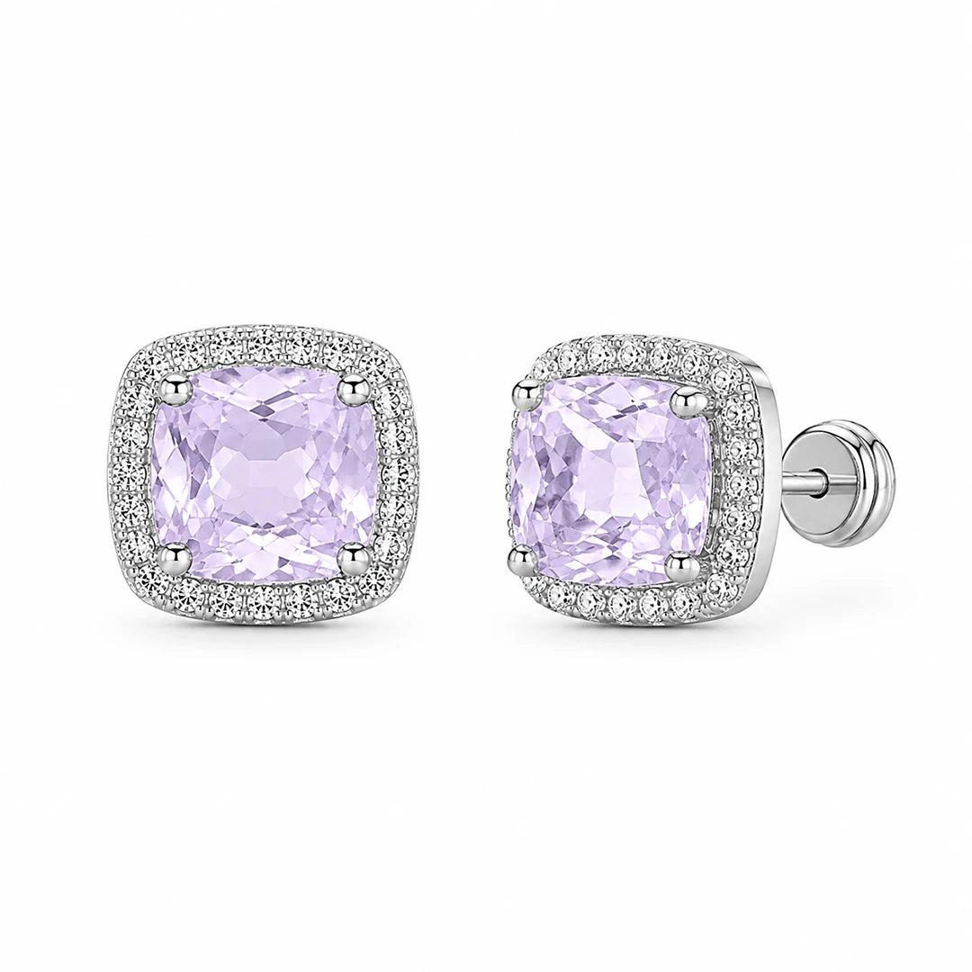 Cushion-Cut Lilac CZ Halo Stud Earrings, close-up detail view