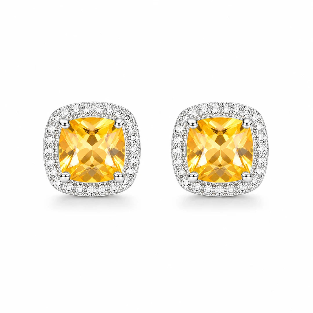 Zard Jewelry Cushion-Cut Yellow Cubic Zirconia Halo Stud Earrings in Rose-Gold Tone