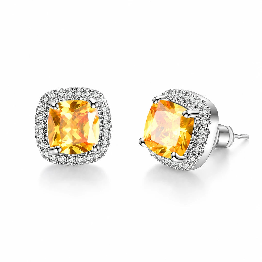 Cushion-Cut Yellow Cubic Zirconia Halo Stud Earrings in Rose-Gold Tone, close-up detail view