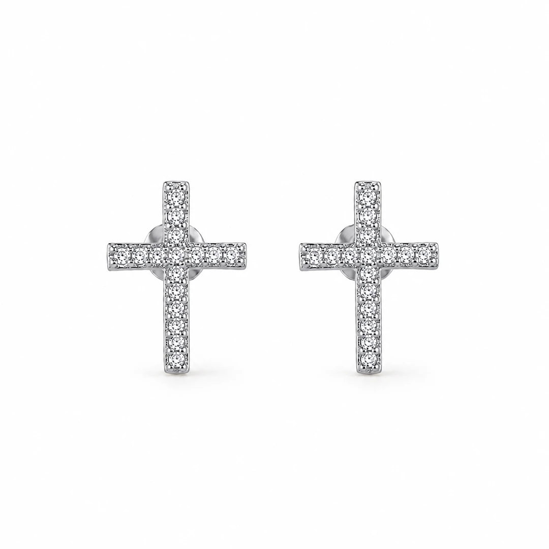 CZ Cross Stud Earrings in Silver and Gold, silver
