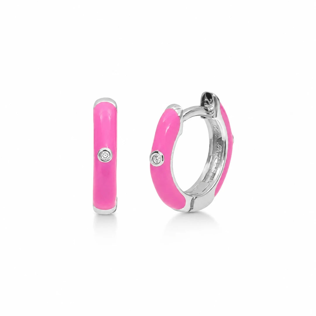 Delicate Enamel Huggie Hoop Earring, pink