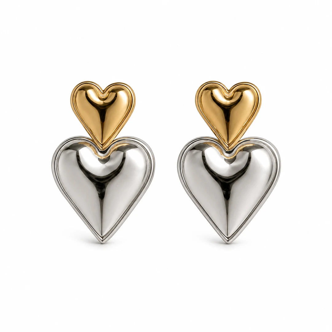 Zard Jewelry Double Heart Drop Earrings, two-tone