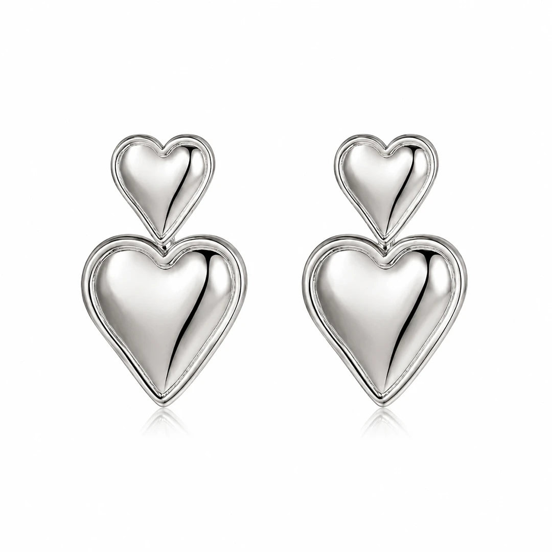 Double Heart Drop Earrings, silver