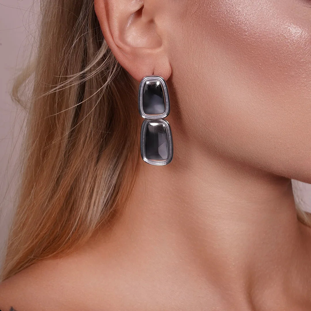 Model wearing Double Rectangle Drop Earrings